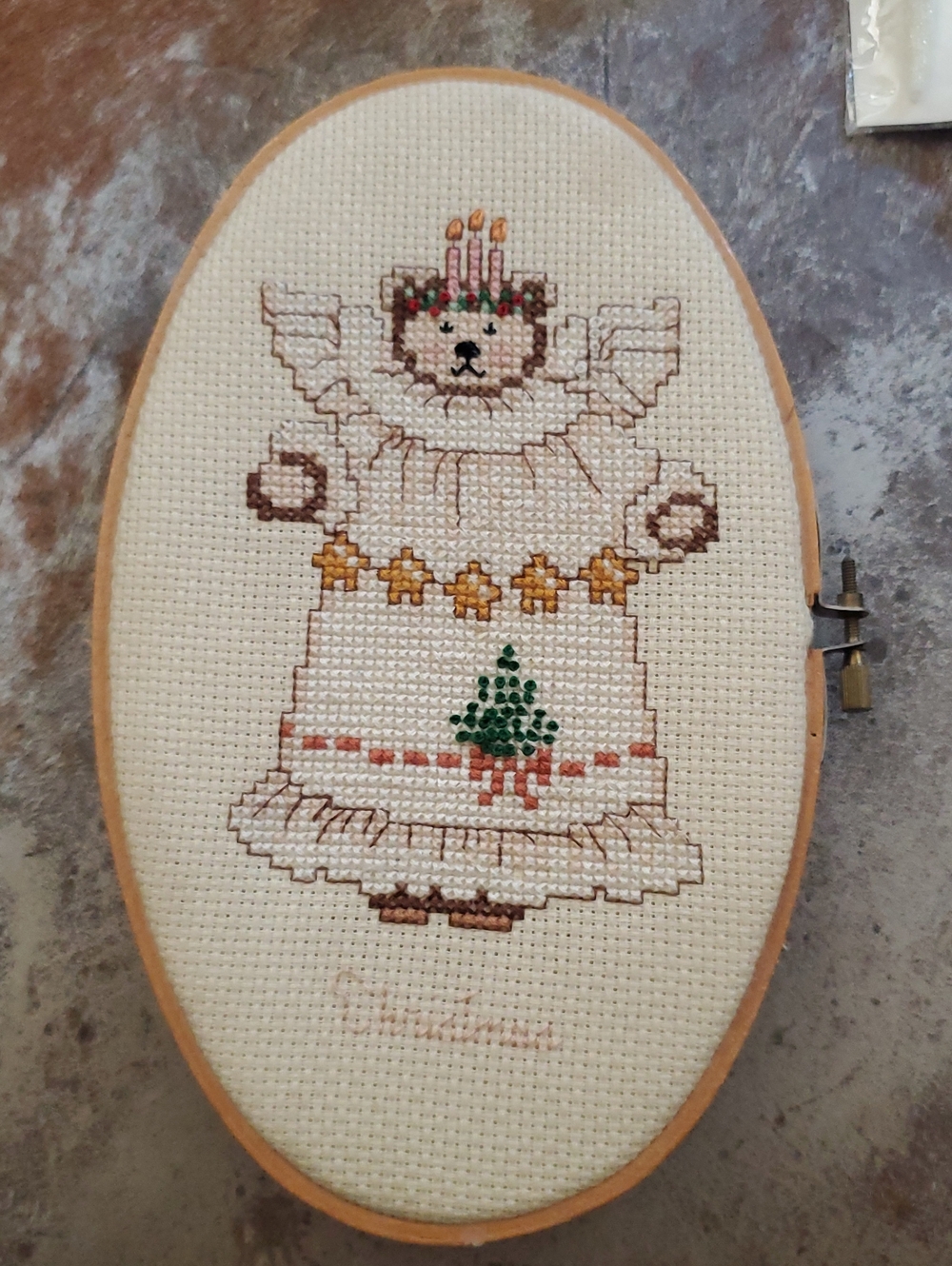 Handmade Cross-Stitch Holiday Bear Wall Hoop